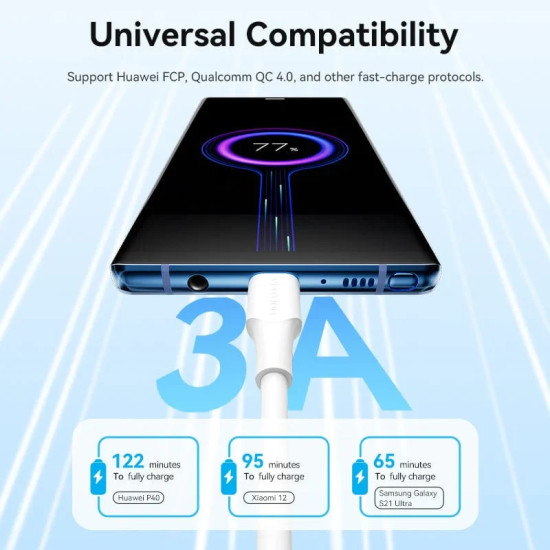 Vention Кабел USB 2.0 Type-C to Type-C - 1M White 3A Fast Charge - TAXWF