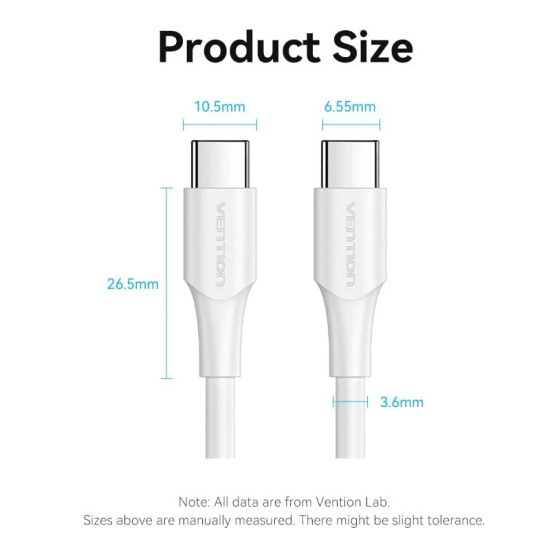 Vention Кабел USB 2.0 Type-C to Type-C - 1M White 3A Fast Charge - TAXWF