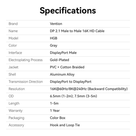 Vention Кабел Cable - Display Port v2.1 DP M / M Black 16K@60Hz, 3M - HGBHI