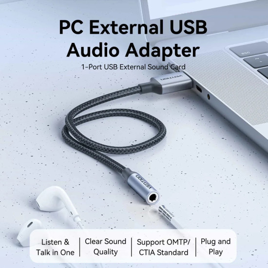 Vention външна звукова карта USB Sound card 1-Port 0.25M Gray - CVFHC
