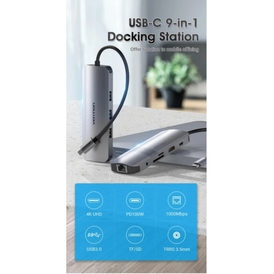 Vention докинг станция Docking Station Type-C - TOLHB - HDMI x 1, USB3.0 x 3, USB-C PD100W x 1, LAN x 1 (1Gbps), SD/TF, Audio