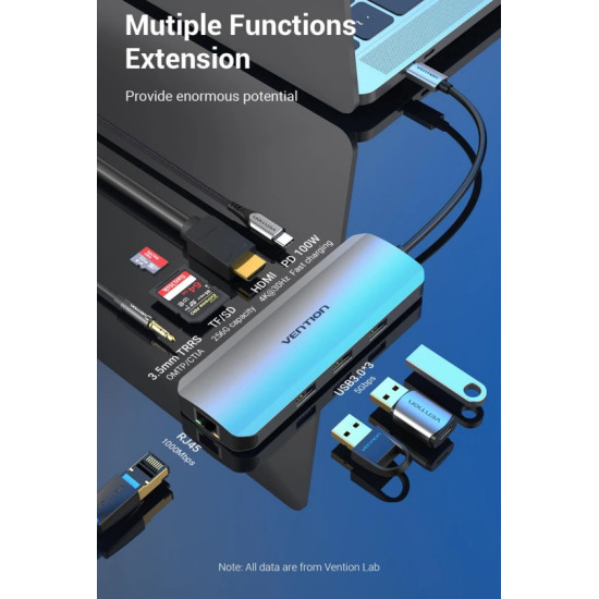 Vention докинг станция Docking Station Type-C - TOLHB - HDMI x 1, USB3.0 x 3, USB-C PD100W x 1, LAN x 1 (1Gbps), SD/TF, Audio
