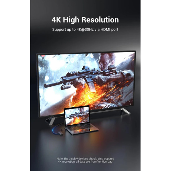 Vention докинг станция Docking Station Type-C - TOLHB - HDMI x 1, USB3.0 x 3, USB-C PD100W x 1, LAN x 1 (1Gbps), SD/TF, Audio