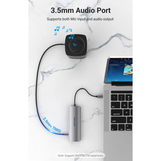 Vention докинг станция Docking Station Type-C - TOLHB - HDMI x 1, USB3.0 x 3, USB-C PD100W x 1, LAN x 1 (1Gbps), SD/TF, Audio