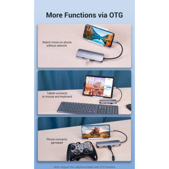 Vention докинг станция Docking Station Type-C - TOLHB - HDMI x 1, USB3.0 x 3, USB-C PD100W x 1, LAN x 1 (1Gbps), SD/TF, Audio