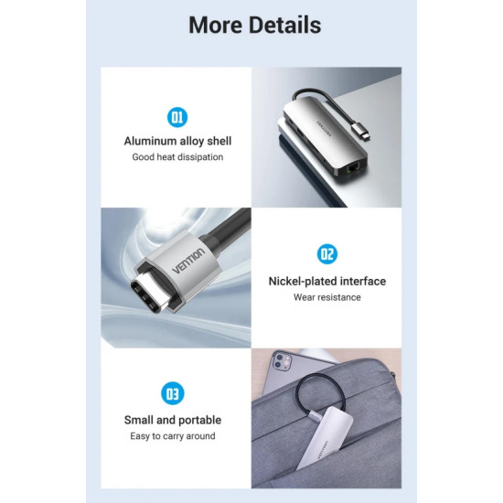 Vention докинг станция Docking Station Type-C - TOLHB - HDMI x 1, USB3.0 x 3, USB-C PD100W x 1, LAN x 1 (1Gbps), SD/TF, Audio