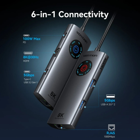 Vention докинг станция Docking Station Type-C - TQZHB - 8K, LED Display - HDMI, USB 3.0 x 2, USB-C 3.2 Gen 1, PD100W,  LAN (1Gbps)