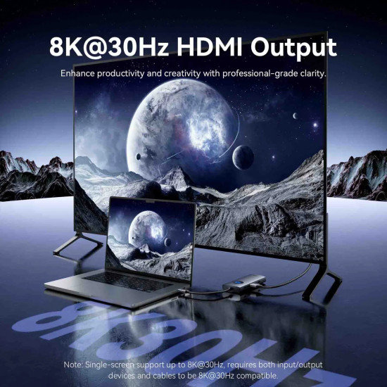 Vention докинг станция Docking Station Type-C - TQZHB - 8K, LED Display - HDMI, USB 3.0 x 2, USB-C 3.2 Gen 1, PD100W,  LAN (1Gbps)