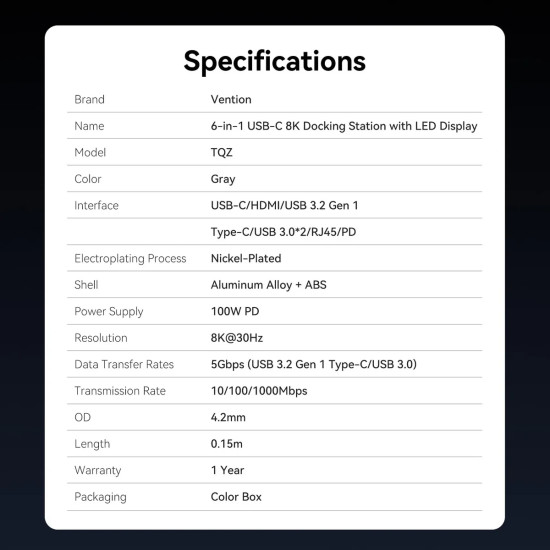 Vention докинг станция Docking Station Type-C - TQZHB - 8K, LED Display - HDMI, USB 3.0 x 2, USB-C 3.2 Gen 1, PD100W,  LAN (1Gbps)
