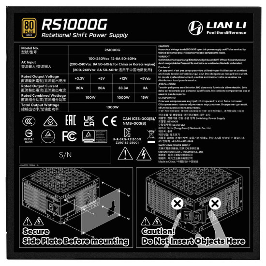 Power Supply Lian Li RS 1000W 80+ Gold PCIe 5.1, ATX 3.1, RS Hub - Black