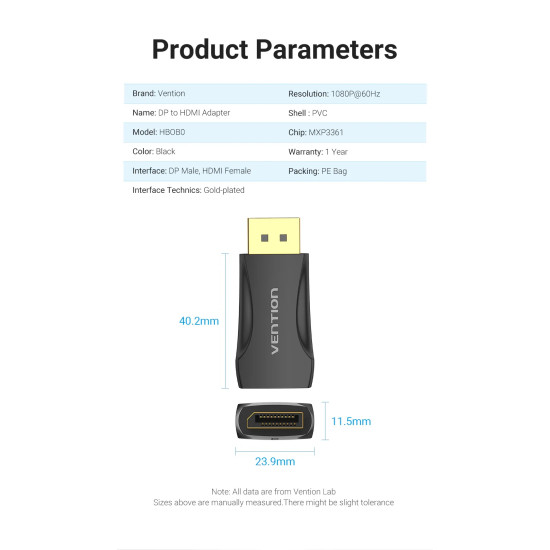 Vention адаптер Adapter DisplayPort DP M / HDMI F Gold plated - HBOB0