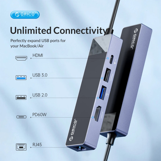 Orico докинг станция Docking Station Type-C - DM-10P-BK-BP - HDMI, USB-C, USB-A x 4, PD100W x 1, LAN (1Gbps), SD/TF