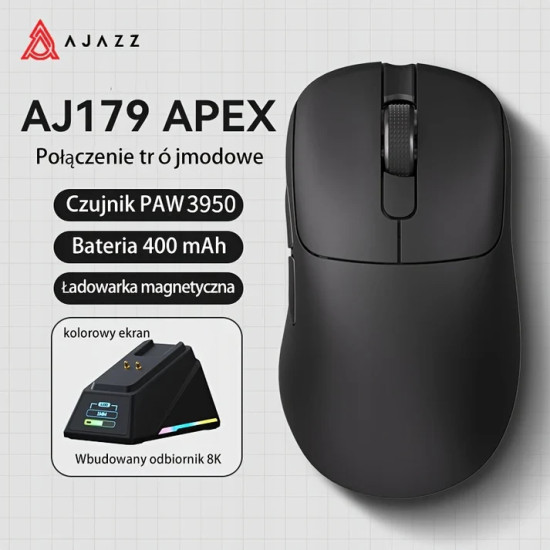 Ajazz професионална геймърска мишка AJ179 APEX - Wireless Gaming Mouse - 8K, Magnetic Charging Dock, White