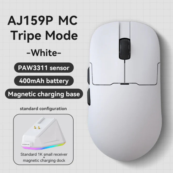 Ajazz професионална геймърска мишка AJ159P MC - Wireless Gaming Mouse - 1K, Magnetic Charging Dock, White