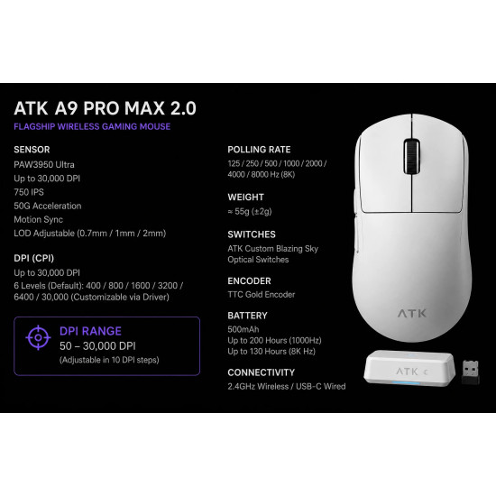 ATK професионална геймърска мишка Wireless Gaming Mouse A9 Pro Max 2.0 Tri-mode Nearlink - 8K, White