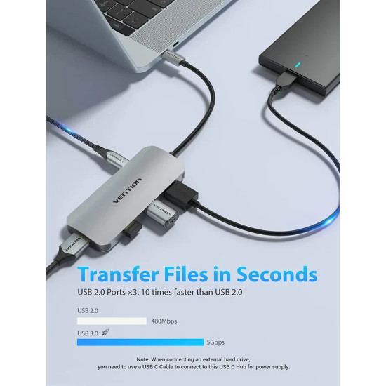 Vention докинг станция Docking Station Type-C - TOJHB - HDMI x 1, USB3.0 x 3, USB-C PD100W x 1, SD/TF