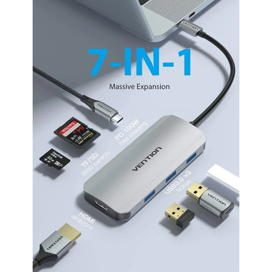 Vention докинг станция Docking Station Type-C - TOJHB - HDMI x 1, USB3.0 x 3, USB-C PD100W x 1, SD/TF