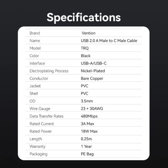 Vention Кабел USB 2.0 AM / USB-C M 0.25m - TRQBAC