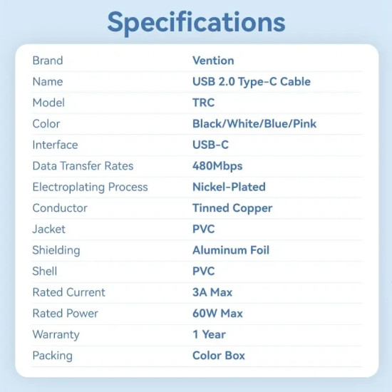 Vention Кабел USB 2.0 C M / USB-C M 1.0m White - TRCWF