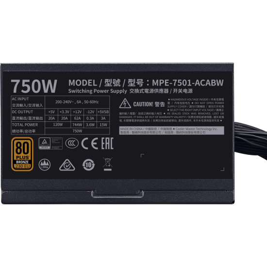 Power Supply Unit Cooler Master MWE 750 Bronze - V2 230V Power Supply Unit Cooler Master MWE 750 Bronze - V2 230V