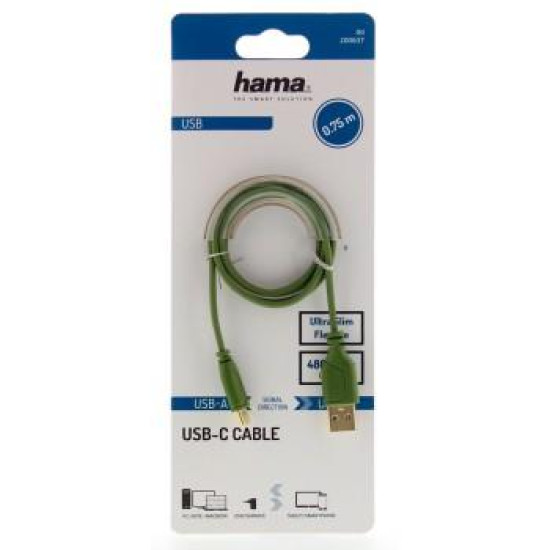 Кабел Hama Flexi-Slim USB-C - USB-A 2.0 мъжко, 0.75м, Зелен Кабел Hama Flexi-Slim USB-C - USB-A 2.0 мъжко, 0.75м, Зелен