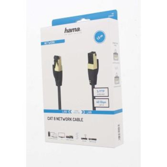 Мрежов пач кабел HAMA S/FTP, CAT 8, RJ-45 - RJ-45, 40Gbit/s, 1.50 m, Halogen-free, Черен Мрежов пач кабел HAMA S/FTP, CAT 8, RJ-45 - RJ-45, 40Gbit/s, 1.50 m, Halogen-free, Черен