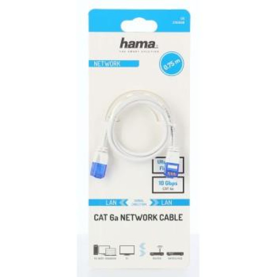 Мрежов кабел HAMA Flexi-Slim, U/UTP CAT 6a, 10 Gbit/s, RJ-45 - RJ45, 0.75 m, Бял Мрежов кабел HAMA Flexi-Slim, U/UTP CAT 6a, 10 Gbit/s, RJ-45 - RJ45, 0.75 m, Бял