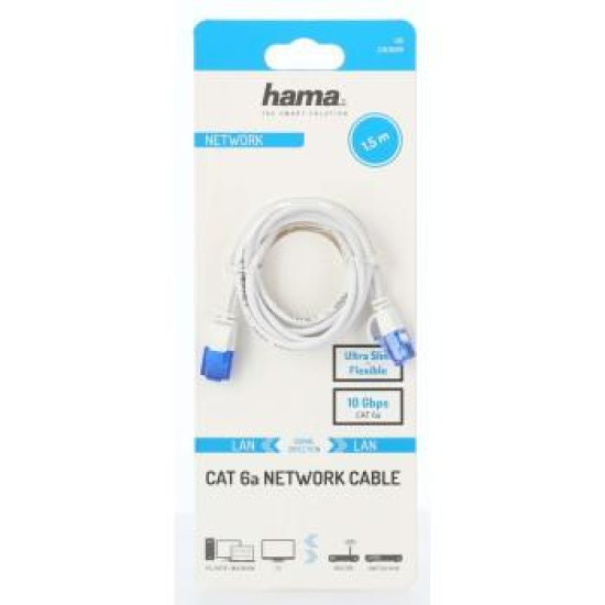 Мрежов кабел HAMA Flexi-Slim, U/UTP CAT 6a, 10 Gbit/s, RJ-45 - RJ45, 1.50 m, Бял Мрежов кабел HAMA Flexi-Slim, U/UTP CAT 6a, 10 Gbit/s, RJ-45 - RJ45, 1.50 m, Бял