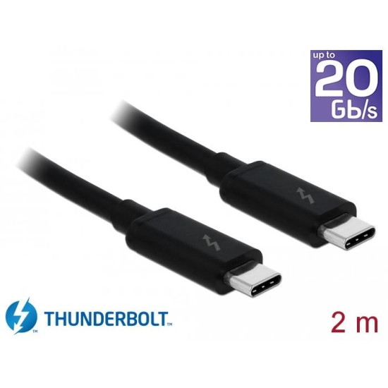 Кабел Delock Thunderbolt 3 (20 Gb/s) USB-C, мъжко - мъжко, 2.0 м, 3 A, Черен Кабел Delock Thunderbolt 3 (20 Gb/s) USB-C, мъжко - мъжко, 2.0 м, 3 A, Черен