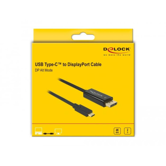 Конвертор Delock, USB-C мъжко - DisplayPort мъжко, 4K 60 Hz, 2 m, Черен Конвертор Delock, USB-C мъжко - DisplayPort мъжко, 4K 60 Hz, 2 m, Черен