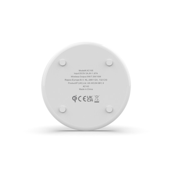 Безжично зарядно устройство RAPOO XC105, Qi, 5W/7.5W/10W, Бял Безжично зарядно устройство RAPOO XC105, Qi, 5W/7.5W/10W, Бял