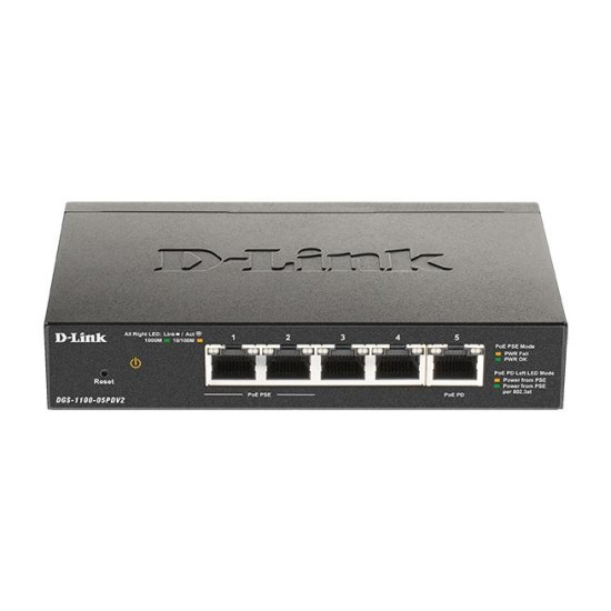 Суич D-Link DGS-1100-05PDV2, 5 портов 10/100/1000 Gigabit Smart Switch,PoE, управляем