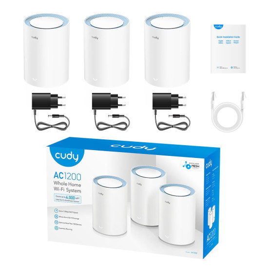 Безжична MESH система Cudy M1200 3, AC1200 Dual Band, 2.4/5 GHz, 300 - 867 Mbps, 3 броя Безжична MESH система Cudy M1200 3, AC1200 Dual Band, 2.4/5 GHz, 300 - 867 Mbps, 3 броя