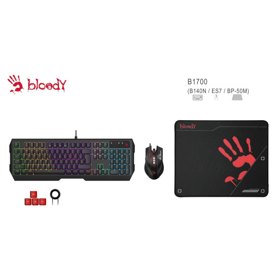 Геймърски комплект Esports A4Tech Bloody B1700, Клавиатура N140N, мишка ES7, Пад BP-50M Геймърски комплект Esports A4Tech Bloody B1700, Клавиатура N140N, мишка ES7, Пад BP-50M