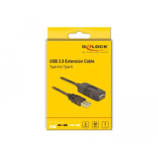 Удължителен кабел DeLock, USB-A мъжко - USB-A женско, USB 2.0, 5 м, Черен Удължителен кабел DeLock, USB-A мъжко - USB-A женско, USB 2.0, 5 м, Черен