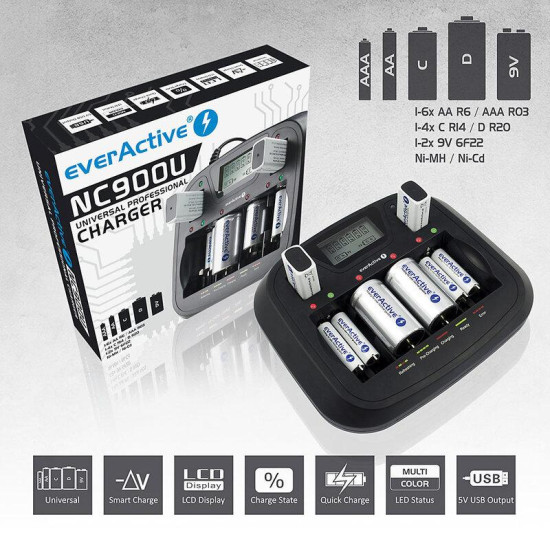 Universal Charger NIMH R6,03,14,20,22 with CPU NC900U EVERACTIVE Universal Charger NIMH R6,03,14,20,22 with CPU NC900U EVERACTIVE
