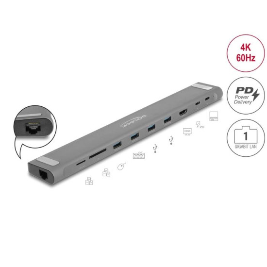 Delock USB Type-C Slim Docking Station 4K - HDMI, USB 3.2 Gen 1, LAN, SD, PD 3.0 Delock USB Type-C Slim Docking Station 4K - HDMI, USB 3.2 Gen 1, LAN, SD, PD 3.0