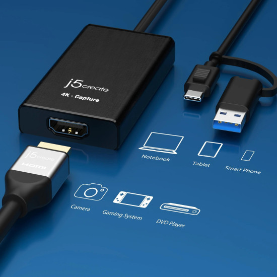Кепчер адаптер j5create JVA11, HDMI - USB-C, 4K, Черен Кепчер адаптер j5create JVA11, HDMI - USB-C, 4K, Черен