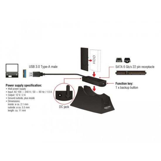 Delock SuperSpeed USB 5 Gbps Docking Station for 1 x 2.5″ / 3.5″ SATA HDD / SSD with backup function Delock SuperSpeed USB 5 Gbps Docking Station for 1 x 2.5″ / 3.5″ SATA HDD / SSD with backup function