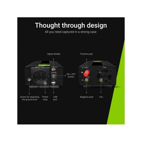 Инвертор GREEN CELL, 12/220V, DC/AC, 1500W/3000W, Модифицирана синусоида Инвертор GREEN CELL, 12/220V, DC/AC, 1500W/3000W, Модифицирана синусоида