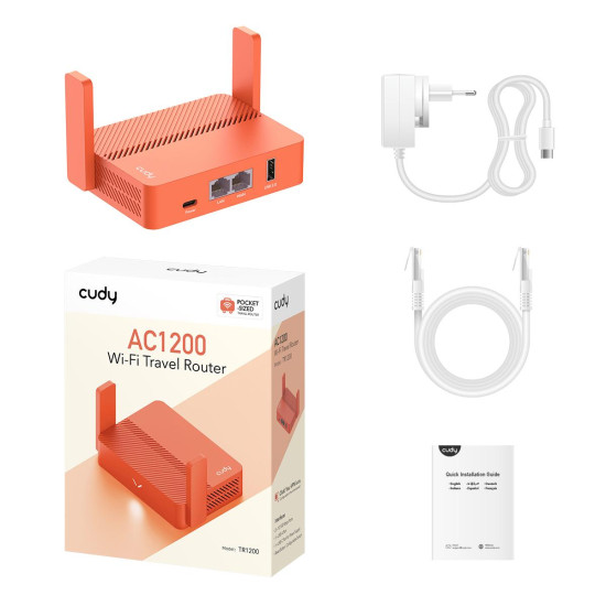 Безжичен рутер CUDY Travel TR1200, AC1200, 2 x 10/100 Mbps, USB3.0, червен Безжичен рутер CUDY Travel TR1200, AC1200, 2 x 10/100 Mbps, USB3.0, червен