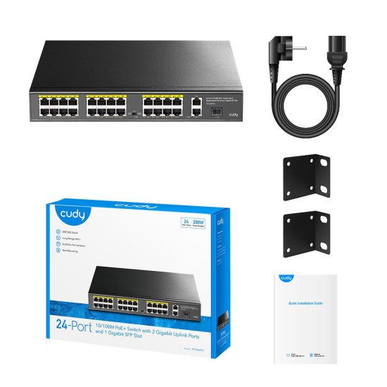 Суич Cudy FS1026PS1, 24 x 10/100 PoE+ Switch 2 x Gigabit порта, 1 x SFP Slot Суич Cudy FS1026PS1, 24 x 10/100 PoE+ Switch 2 x Gigabit порта, 1 x SFP Slot