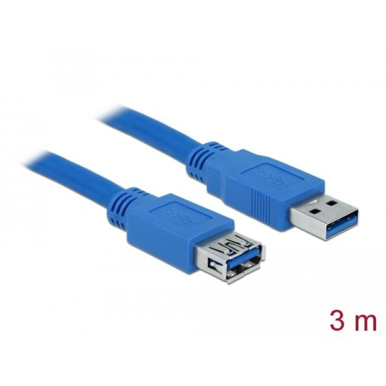 Удължителен кабел Delock USB-A мъжко - USB-А женско, 3 м, Екраниран, Син Удължителен кабел Delock USB-A мъжко - USB-А женско, 3 м, Екраниран, Син