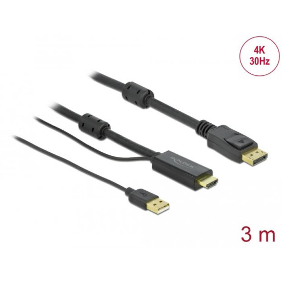 Cable Delock HDMI to DisplayPort cable 4K 30 Hz 3 m, Black Cable Delock HDMI to DisplayPort cable 4K 30 Hz 3 m, Black