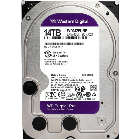 HDD WD Purple Pro Surveillance, 14 TB, 256MB, SATA 3 HDD WD Purple Pro Surveillance, 14 TB, 256MB, SATA 3