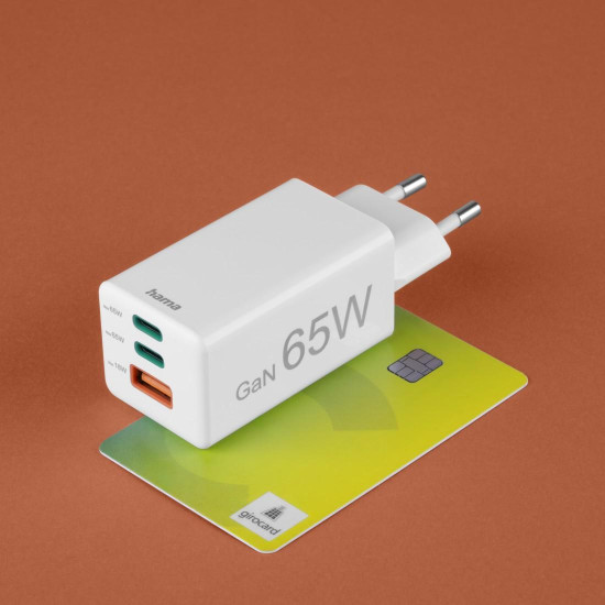 Hama Fast Charger, GaN, 2x USB-C, 1x USB-A, Mini Charger, PD, 65 W, white Hama Fast Charger, GaN, 2x USB-C, 1x USB-A, Mini Charger, PD, 65 W, white