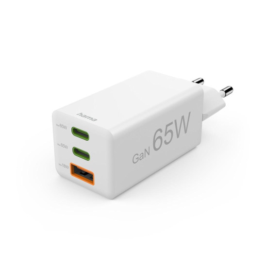 Hama Fast Charger, GaN, 2x USB-C, 1x USB-A, Mini Charger, PD, 65 W, white Hama Fast Charger, GaN, 2x USB-C, 1x USB-A, Mini Charger, PD, 65 W, white