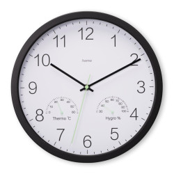 Hama “Santorini” Wall Clock, No Ticking, w. Thermo/Hygrometer, Ø 30cm, blk