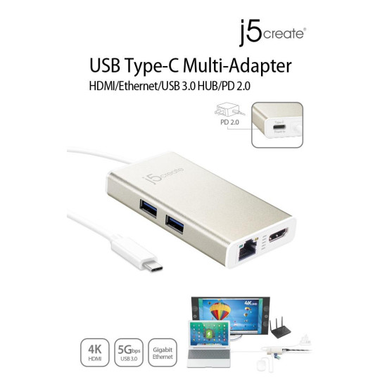 Мултипортов USB-C адаптер j5Create JCA374, HDMI, Ethernet, USB 3.0 хъб, PD 2.0 Мултипортов USB-C адаптер j5Create JCA374, HDMI, Ethernet, USB 3.0 хъб, PD 2.0