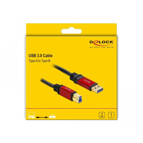 Кабел Delock USB-A мъжко - USB-B мъжко, 2 м, Premium, Екраниран, Черен